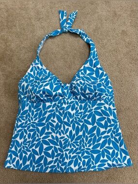 Lands' End Blue & White Leaf-Print Halter One-Piece